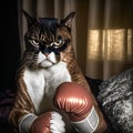 Grumpy cat boxer with glowes on his paws