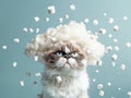 A grumpy cat dressed as a grumpy cloud rains down tiny marshmallows small