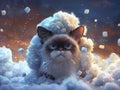 A grumpy cat dressed as a grumpy cloud rains down tiny marshmallows small