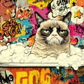 Grumpy cat enjoys a bubble bath in a vibrant pop art setting adorned with graffiti Royalty Free Stock Photo