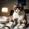 Grumpy cat lies on a bad and poses for a photo with a grim face