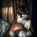 Phonotelist portrait of a boxer cat wearing boxing gloves