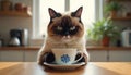 Grumpy cat with tea cup on table. Funny feline looking at camera with annoyed expression. Adorable pet indoors at home, kitchen Royalty Free Stock Photo