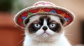 Grumpy Cat Wearing Colorful Mexican Hat Royalty Free Stock Photo