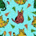 Grumpy cats seamless vector pattern. Sad multicolored animals celebrate their birthday. Cheeky kittens in party caps and garlands