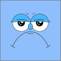 Grumpy emoticon emoji on blue background. Sad