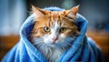 A Grumpy GingerandWhite Cat PostBath in a Miniature World A Stunning TiltShift Portrait Capturing the Felines Wet Royalty Free Stock Photo