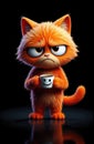 Grumpy orange cat holding a cup with a smile while posing on a dark background Royalty Free Stock Photo