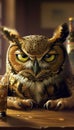 Grumpy Owl at the Bar, digital illustration art of a grumpy owl at the bar with glass Royalty Free Stock Photo