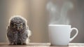 Grumpy owl chick beside steaming coffee cup on wooden table in morning light Royalty Free Stock Photo