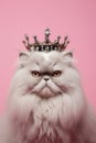 Grumpy Persian cat with crown on pastel pink background