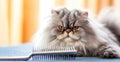 Grumpy Persian cat in the grooming salon. The cat looks into the camera close-up. Animal Hygiene and pet care concept. Copy space