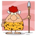 Grumpy Red Hair Cave Woman Cartoon Mascot Character Standing With A Spear.