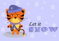 Grumpy tiger cub with text let is snow on snowy background Royalty Free Stock Photo