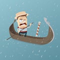 Grumpy venetian gondolier in rainy weather