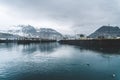 Grundarfjordur, Iceland - 03 January 2019: Harbor with motionless boats during the twilight of the afternoon, Kirkjufell