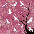 Grunge abstract bird and tree silhouette raster