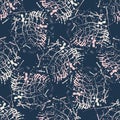 Grunge abstract painterly swirl vector seamless pattern background. Pink white swirling circles on navy blue backdrop Royalty Free Stock Photo