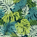 Colored Hawaiian tropical monstera and palm leaves wallpaper patchwork