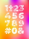 Grunge alphabet font. Sans serif typeface. Set of distress textured numbers. Ink splatter surface trace. EPS 10 Royalty Free Stock Photo