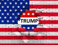 Grunge American USA flag, broken crack wall with hole and word trump