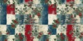 Grunge americana Christmas holly red blue white cottage style seamless border. Festive distress cloth effect for cozy