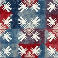 Grunge americana Christmas snowflake red blue white cottage style background pattern. Festive distress cloth effect for