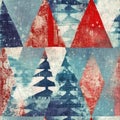 Grunge americana Christmas tree red blue white cottage style background pattern. Festive distress cloth effect for cozy