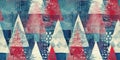 Grunge americana Christmas tree red blue white cottage style seamless border. Festive grunge distress cloth effect for