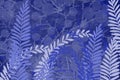 Hand drawn bokeh fern and plant art dyed grunge background with Japanese ink antiqued style background in indigo blue