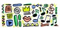 Grunge artistic element set with ovals, swirls, stripes, rectangular shape, crown, lips, zigzag, play button, music