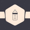 Grunge Baby milk in a bottle icon isolated on grey background. Feeding bottle icon. Monochrome vintage drawing. Vector