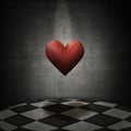 Grunge background, chequered floor & floating red heart