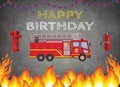 Grunge background with Firetruck, Boys birthday sett-up