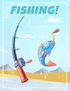 Grunge background with fishing rod and fish Royalty Free Stock Photo
