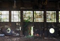 Interior of an abandoned factory with old machinery and ivy on walls, windows and on a half-open iron door Royalty Free Stock Photo