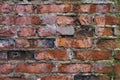 Grunge background Old brick wall weathered and falling apart. The cement interlayers between the bricks were covered Royalty Free Stock Photo