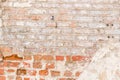 Grunge background. Red brick wall with bright abandoned plaster texture Royalty Free Stock Photo