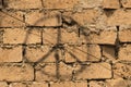 Grunge background of rustic bricks with sloppy mortar with spray painted peace sign and an electric wire running diagonally Royalty Free Stock Photo