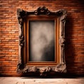 Grunge background with the texture of old brick wall with an empty carved frame from a mirror or painting, creating space for text