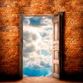 Grunge background with the texture of old brick wall with an an open door. In the doorway you can see the blue sky and clouds Royalty Free Stock Photo