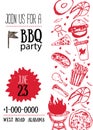 Grunge BBQ Party Invitation Template for posters, flyers. Barbeque grill manu on white background. Retro picnic style