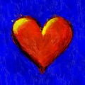 Grunge beautiful hand drawn big red heart isolated on blue background