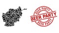 Grunge Beer Party Badge and Tiger Footprint Collage of Afghanistan Map