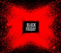 Grunge Black Friday sale stamp. Modern design with black and red ink splash, brushes ink droplets, blots. Red on dark background.