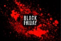 Grunge Black Friday sale stamp. Modern design with black and red ink splash, brushes ink droplets, blots. Red on dark background.