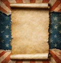 Grunge blank paper scroll over USA flag independence day template 3d illustration