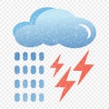 Grunge blue cloud icon with lightning and rain. Cartoon illustration of blue cloud with lightning and rain vector icon for web.