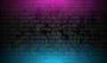 Grunge brick wall with blue purple neon illumination abstract background