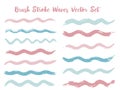 Grunge brush stroke waves vector set. Hand drawn blue pink brushstrokes, ink splashes, watercolor splats, hand painted curls.